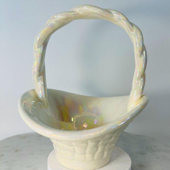Vtg Iridescent Ceramic Basket Opalescence Twisted Handle Trinkets Flowers Crazed - Picture 2 of 8